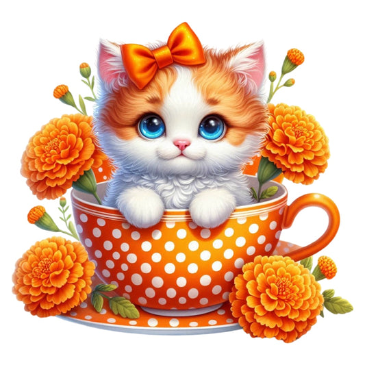 Cats in Tea Cups Fabric Panel 16 features a cute kitten with blue eyes and an orange bow inside a polka dot teacup surrounded by marigold flowers.