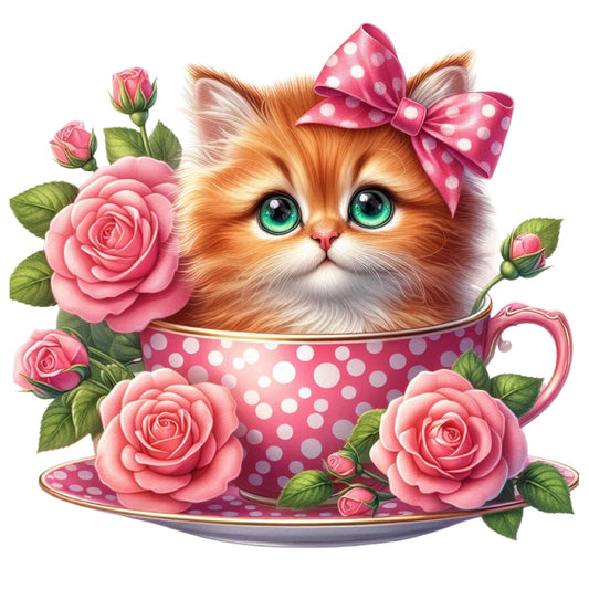 Cats in Tea Cups Fabric Panel 17 shows an adorable kitten with blue eyes and pink bow in a pink polka dot teacup surrounded by roses.