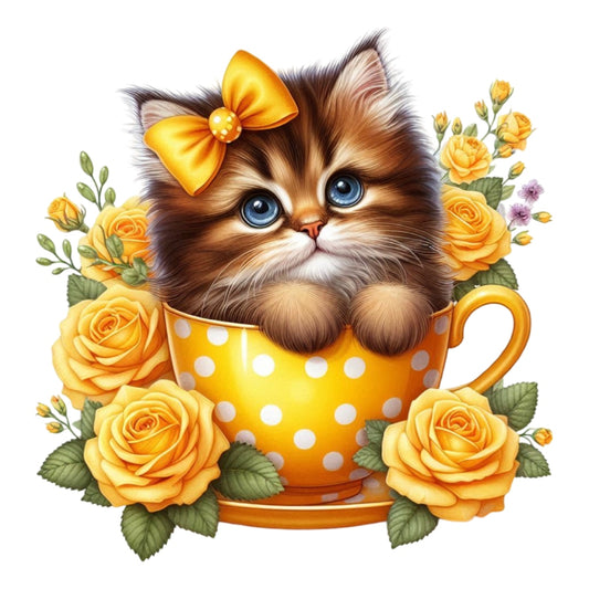 Cats in Tea Cups Fabric Panel 18 features an adorable kitten with blue eyes in a yellow polka dot teacup surrounded by yellow roses.