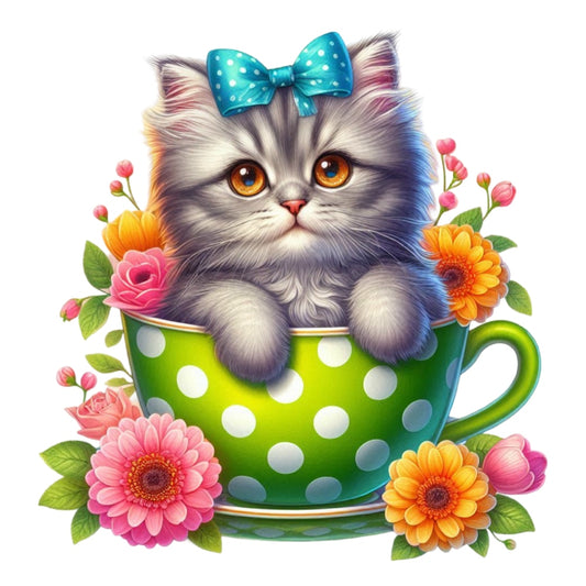 Cats in Tea Cups Fabric Panel 19 featuring a cute gray kitten with blue bow in a green polka dot teacup surrounded by colorful flowers.