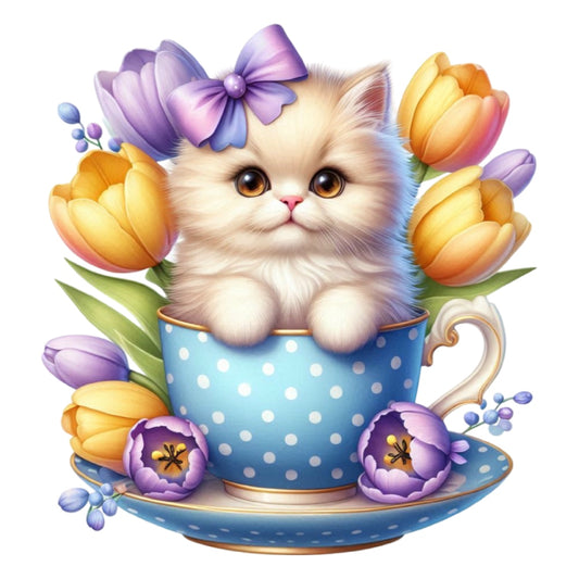 Cats in Tea Cups Fabric Panel 2 featuring a fluffy kitten in a blue polka dot teacup surrounded by tulips and a purple bow.