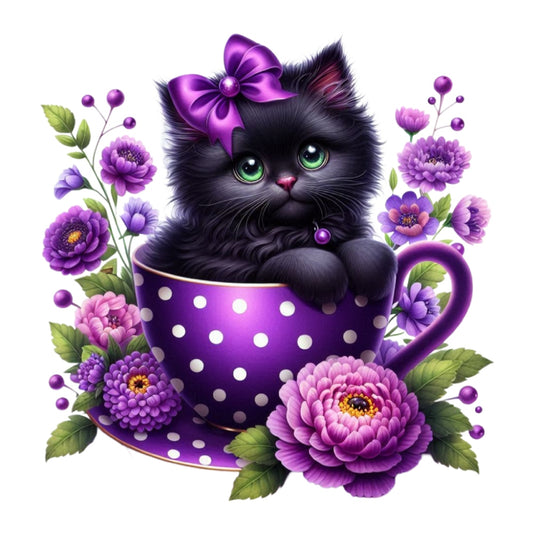 Cats in Tea Cups Fabric Panel 20 featuring a cute black kitten with green eyes in a purple polka dot teacup surrounded by purple flowers.