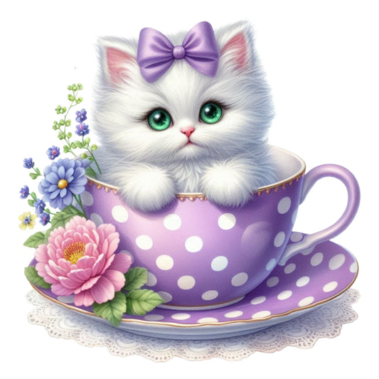 White fluffy kitten with green eyes and purple bow sitting inside a purple polka dot teacup with flowers, Cats in Tea Cups Fabric Panel 21