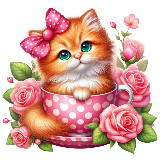 Cats in Tea Cups Fabric Panel 22 features an adorable fluffy orange kitten with a pink bow in a polka dot teacup surrounded by pink roses.