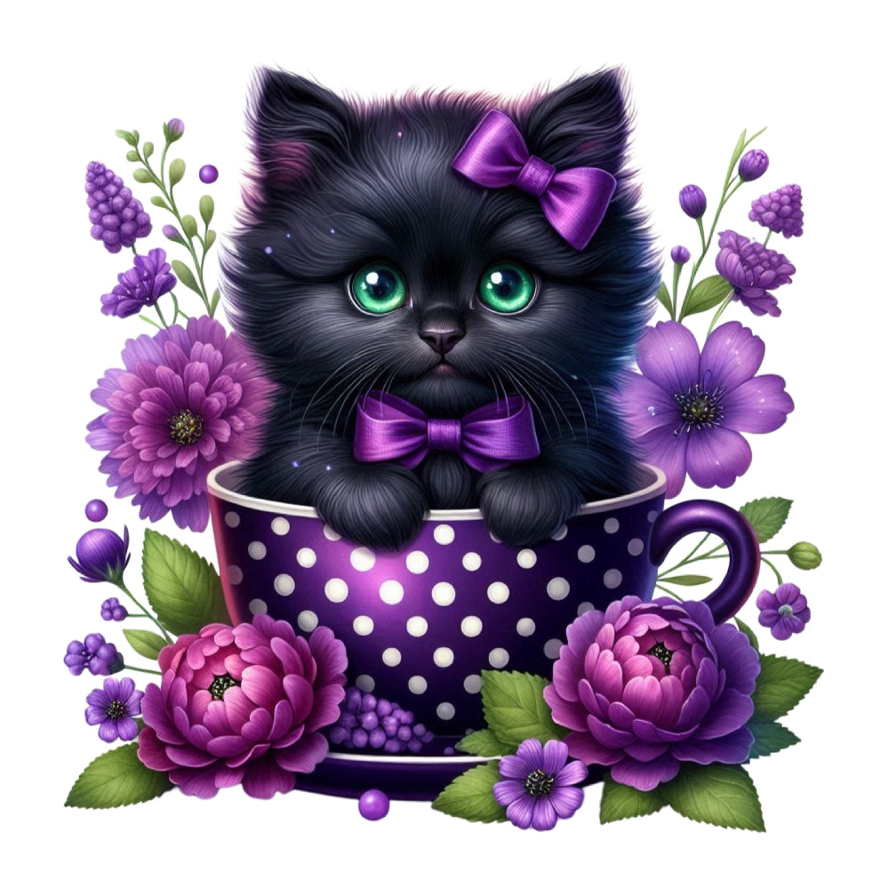 Cats in Tea Cups Fabric Panel 23 features a black kitten with green eyes in a purple polka dot teacup surrounded by purple flowers.