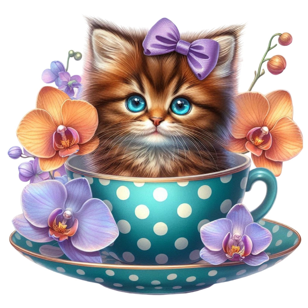 Cats in Tea Cups Fabric Panel 24 shows a kitten with blue eyes and purple bow sitting in a polka dot teacup surrounded by orchids.