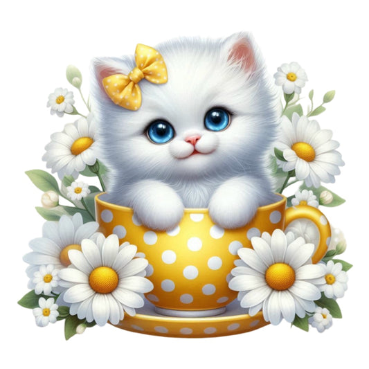 Cats in Tea Cups Fabric Panel 25 featuring a cute white kitten with blue eyes and a yellow bow in a polka dot teacup surrounded by daisies.