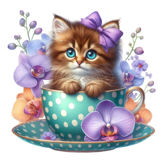 Cats in Tea Cups Fabric Panel 26 featuring a cute kitten with blue eyes and a purple bow inside a teal polka dot teacup surrounded by flowers.
