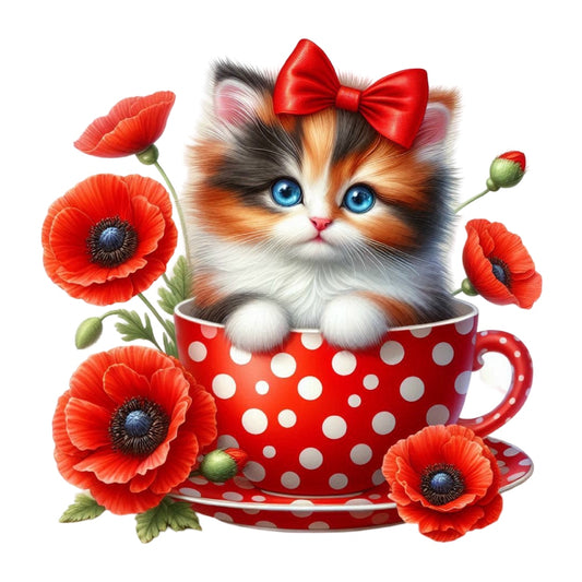 Cats in Tea Cups Fabric Panel 27 features a cute kitten with blue eyes and red bow inside a red polka dot teacup surrounded by poppies.