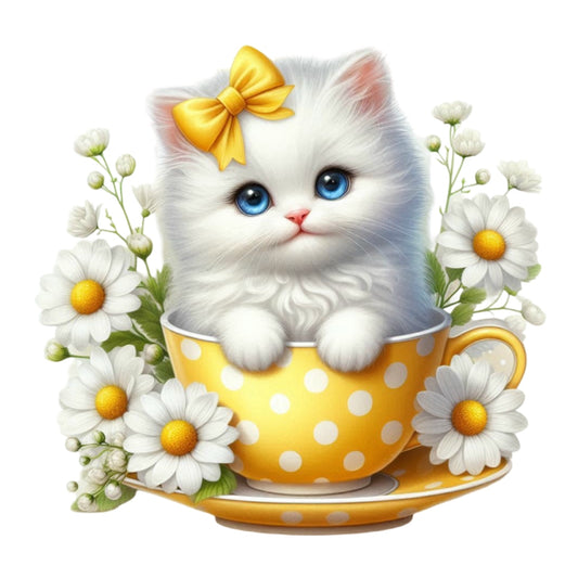 Cats in Tea Cups Fabric Panel 28 featuring a cute white kitten with blue eyes in a yellow polka dot teacup surrounded by flowers