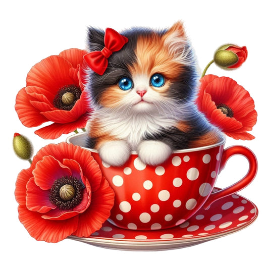 Cats in Tea Cups Fabric Panel 29 features a cute kitten with blue eyes in a red polka dot teacup surrounded by red poppies.