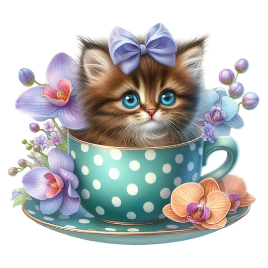 Cats in Tea Cups Fabric Panel 3 featuring a cute kitten with blue eyes and bow in a polka dot teacup surrounded by colorful flowers.