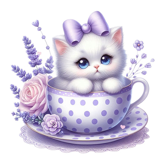 Cats in Tea Cups Fabric Panel 30 featuring a white kitten with blue eyes and a purple bow sitting inside a lavender polka dot teacup.