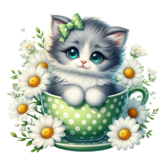 Cute gray kitten with big blue eyes and green bow sitting inside a green polka dot teacup surrounded by white daisies Cats in Tea Cups Fabric Panel 4