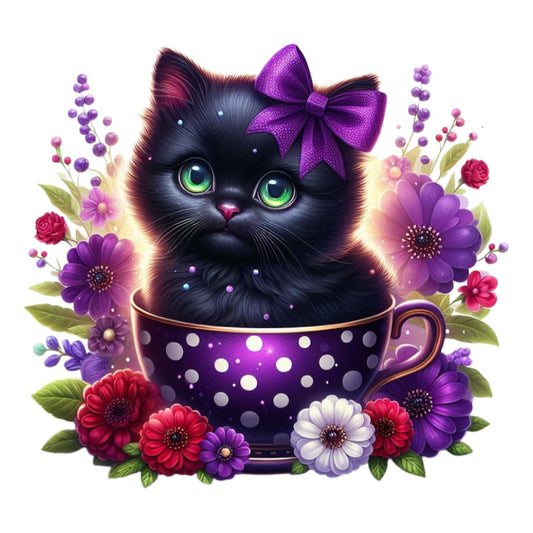 Cats in Tea Cups Fabric Panel 5 featuring a black kitten with green eyes and purple bow in a polka dot teacup surrounded by colorful flowers.