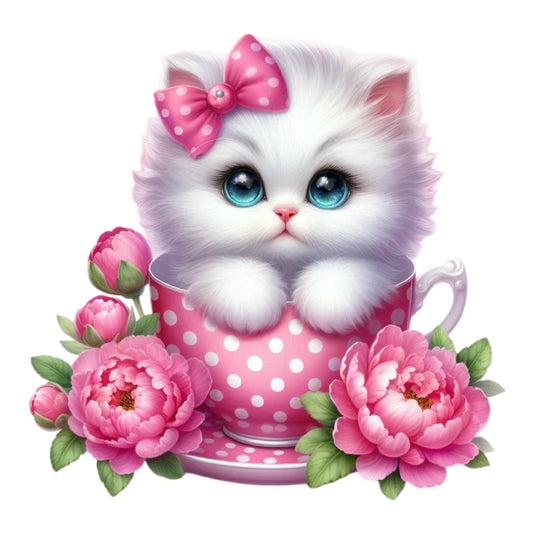 Cats in Tea Cups Fabric Panel 6 features a fluffy white kitten with blue eyes in a pink polka dot teacup surrounded by pink flowers.
