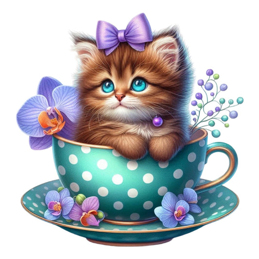 Cats in Tea Cups Fabric Panel 7 features an adorable kitten with a purple bow in a teal polka dot teacup surrounded by delicate flowers.