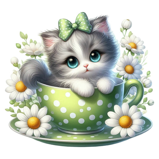 Cats in Tea Cups Fabric Panel 8 featuring an adorable gray kitten with blue eyes and green bow in a polka dot teacup surrounded by daisies.