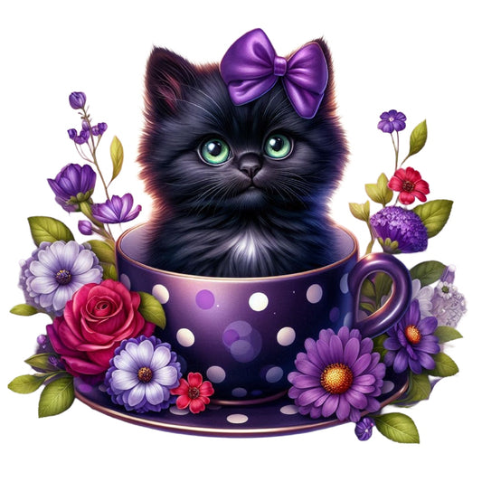 Cats in Tea Cups Fabric Panel 9 featuring a cute black kitten with a purple bow sitting in a purple polka dot teacup surrounded by colorful flowers.