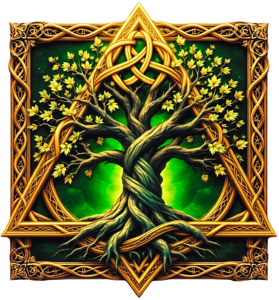 Celtic Tree of Life Fabric Panel featuring intricate golden Celtic knots entwined with a vibrant green tree and detailed leaves.