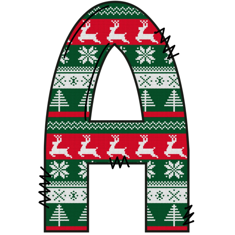 Christmas Sweaters Letter A Fabric Panel with festive red, green, white reindeer and snowflake quilting cotton design