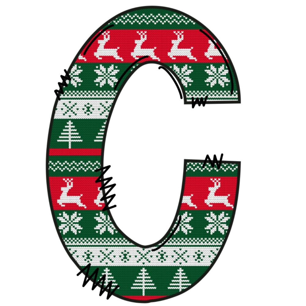 Christmas Sweaters Letter C Fabric Panel featuring red, green, and white knit patterns with reindeer and snowflakes design.