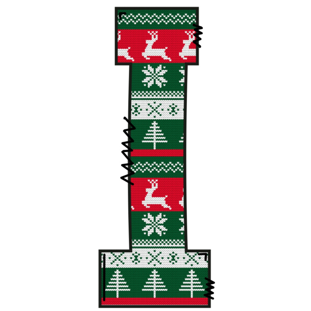 Christmas Sweaters Letter I Fabric Panel featuring knitted reindeer, snowflakes, and Christmas tree patterns in red and green.
