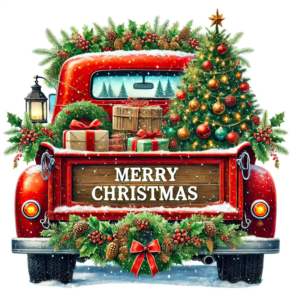 Christmas Trucks Fabric Panel 11 showing a red vintage truck with holiday wreaths, gifts, and a decorated Christmas tree in snow.