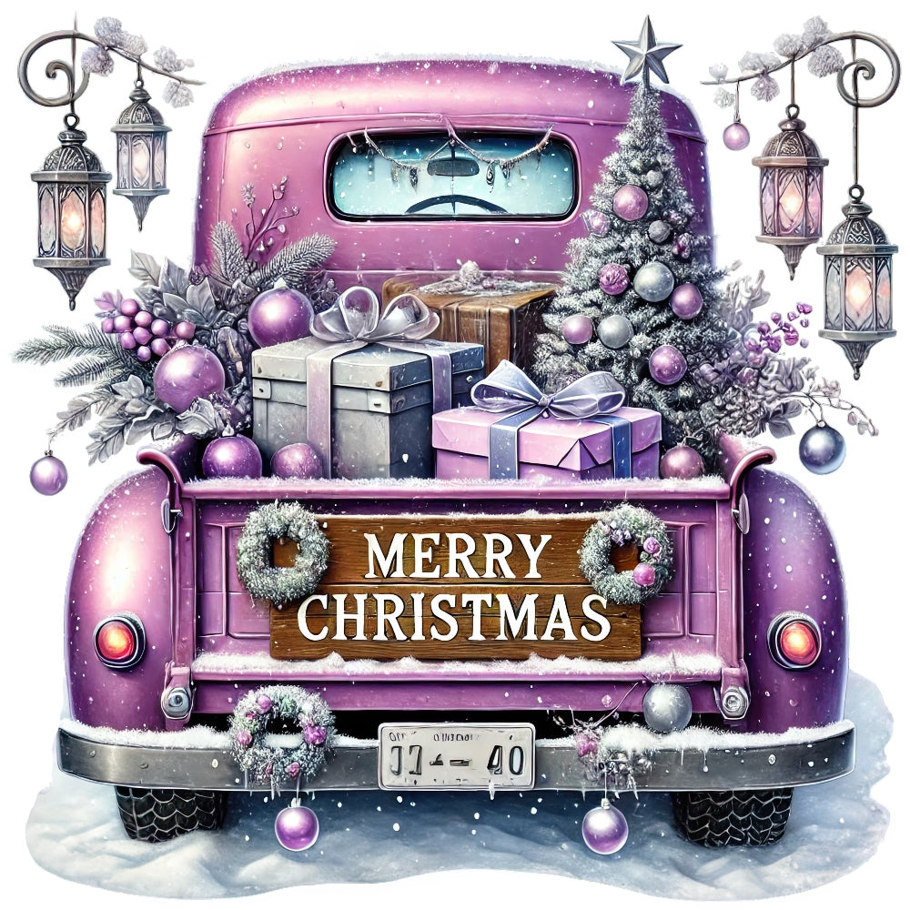 Christmas Trucks Fabric Panel 12 with a vintage purple truck carrying decorated Christmas tree and gifts in snow.