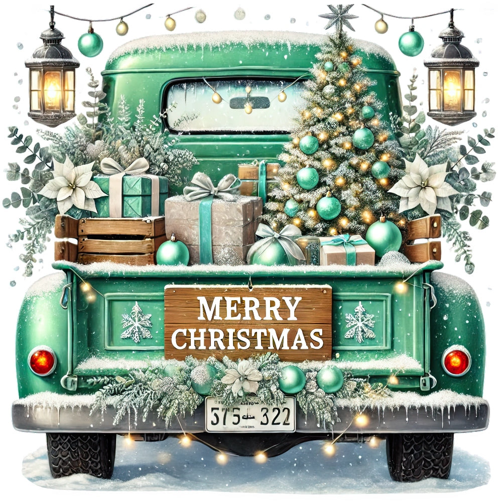 Christmas Trucks Fabric Panel 13 showing a vintage green truck loaded with gifts and a decorated Christmas tree in snowy setting.
