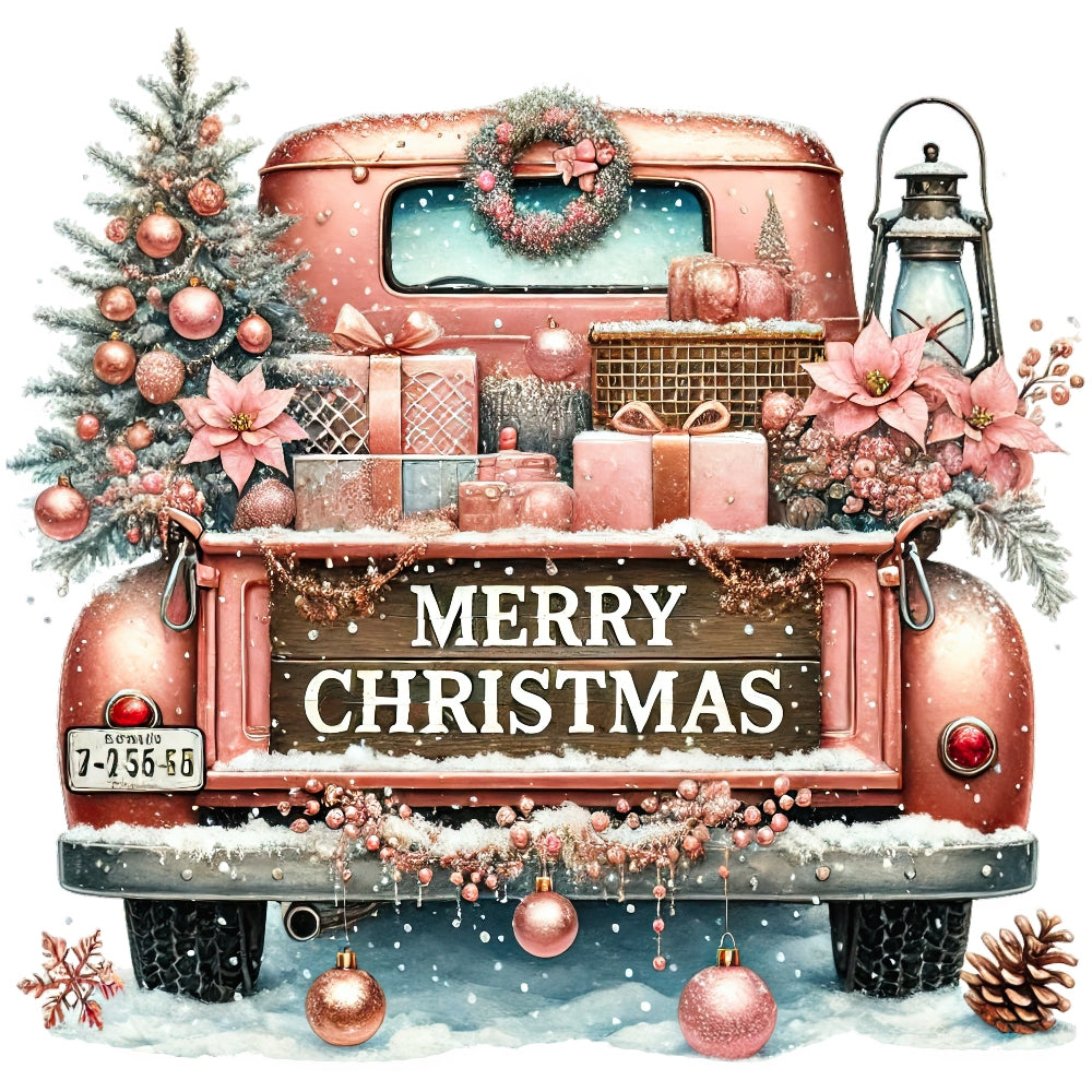 Christmas Trucks Fabric Panel 14 showing a vintage truck loaded with gifts, Christmas tree, and festive decorations in snow.