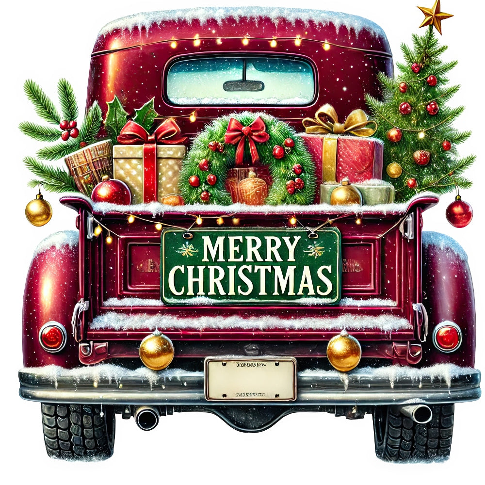 Christmas Trucks Fabric Panel 16 features a vintage red truck loaded with gifts, wreaths, and a decorated Christmas tree.
