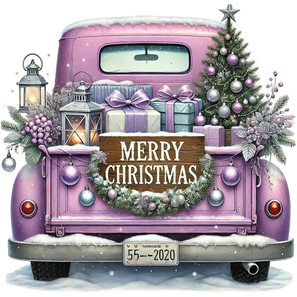 Christmas Trucks Fabric Panel 17 shows a vintage pink truck with wrapped gifts and decorated Christmas tree in snow.