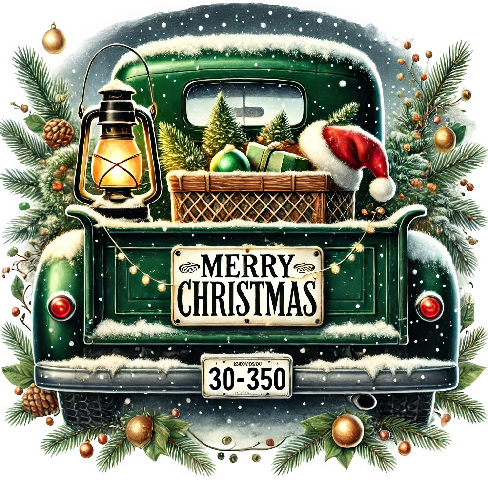 Christmas Trucks Fabric Panel 18 showing vintage green truck with Christmas trees, gifts, and a Santa hat in snowy festive scene