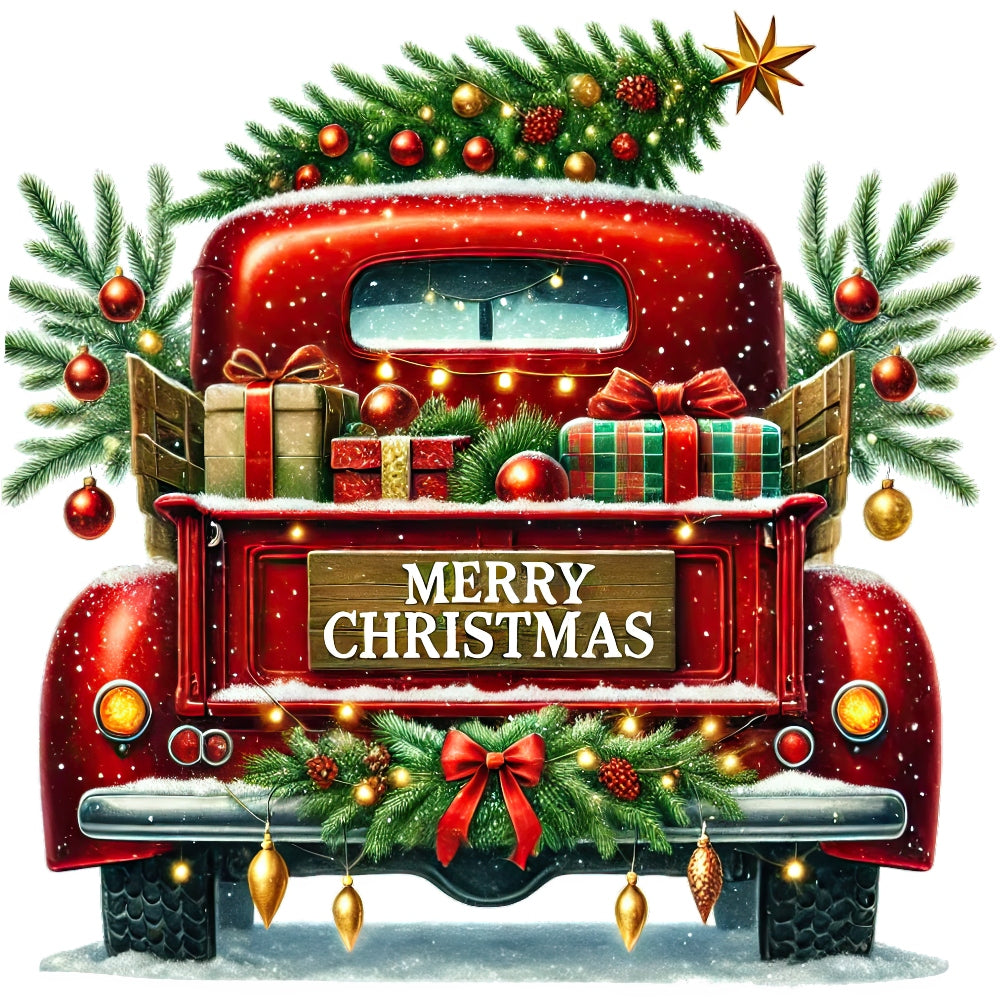 Christmas Trucks Fabric Panel 19 features a red vintage truck with gifts, Christmas tree, and holiday decorations in snow.