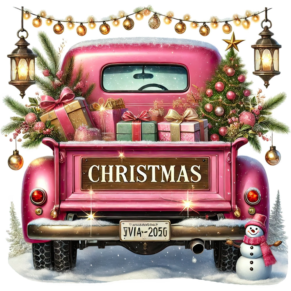 Christmas Trucks Fabric Panel 20 showing a festive vintage red truck loaded with presents and decorated Christmas tree in snow.