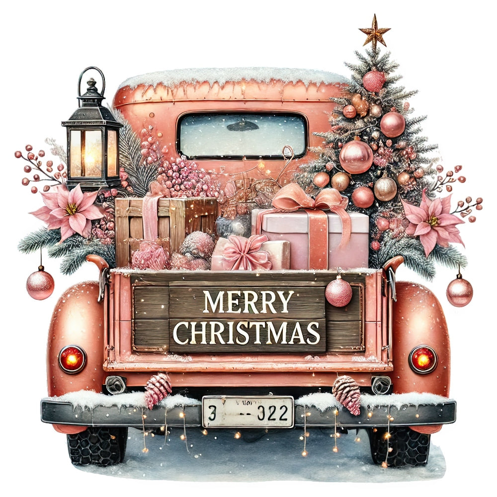 Christmas Trucks Fabric Panel 23 shows a vintage truck loaded with gifts and decorations, perfect for holiday quilting projects.