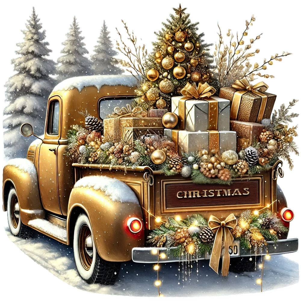 Christmas Trucks Fabric Panel 3 featuring vintage truck loaded with decorated Christmas tree and gifts in snowy setting.