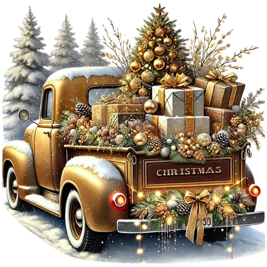 Christmas Trucks Fabric Panel 3 featuring vintage truck loaded with decorated Christmas tree and gifts in snowy setting.