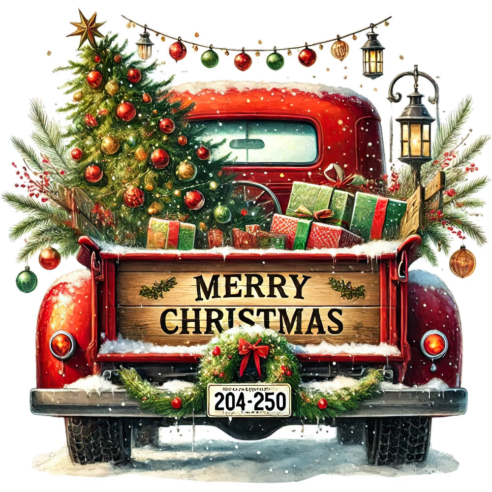 Christmas Trucks Fabric Panel 4 shows a vintage red truck with Christmas tree, gifts, wreath, and festive decorations in snow.
