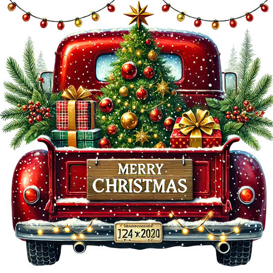 Christmas Trucks Fabric Panel 7 features a red vintage truck with a decorated Christmas tree, gifts, and holiday greenery.
