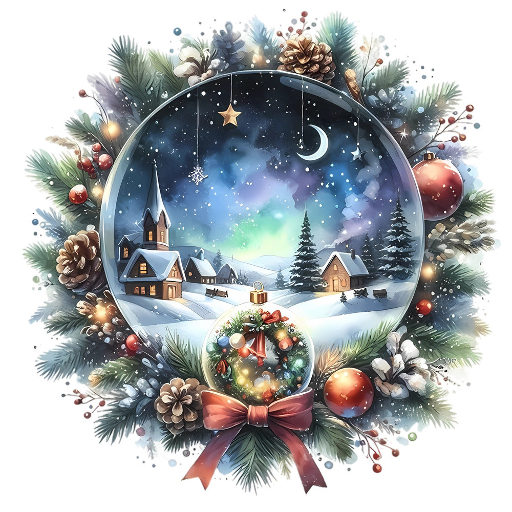 Christmas Winter Scene 10 Fabric Panel featuring a snowy village with pine cones and ornaments in a festive holiday wreath design.