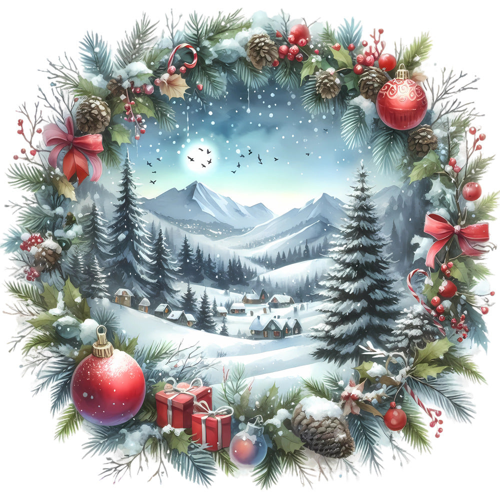 Christmas Winter Scene 11 Fabric Panel with snowy mountain village, pine trees, holiday wreath, ornaments, and festive decorations.
