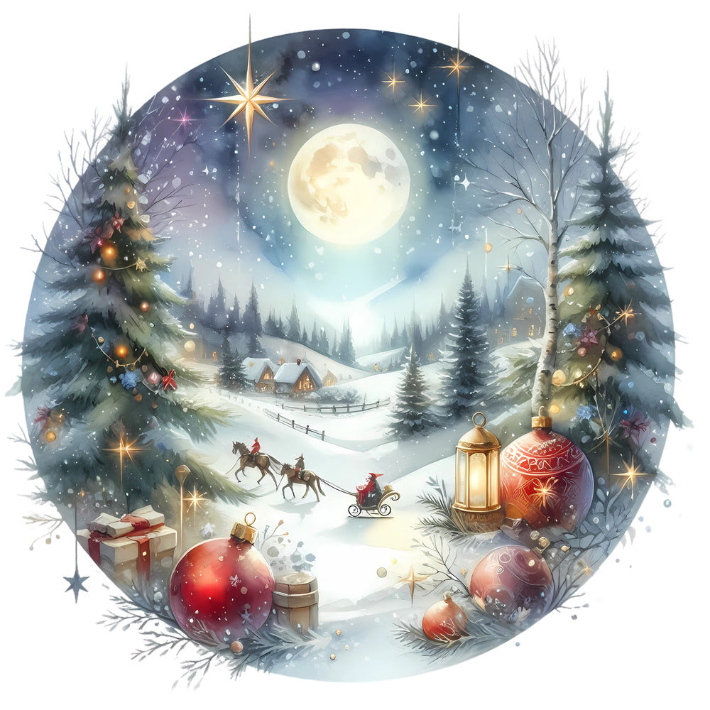 Christmas Winter Scene 21 Fabric Panel depicting a snowy night with decorated trees, sleigh, and glowing full moon in winter landscape.
