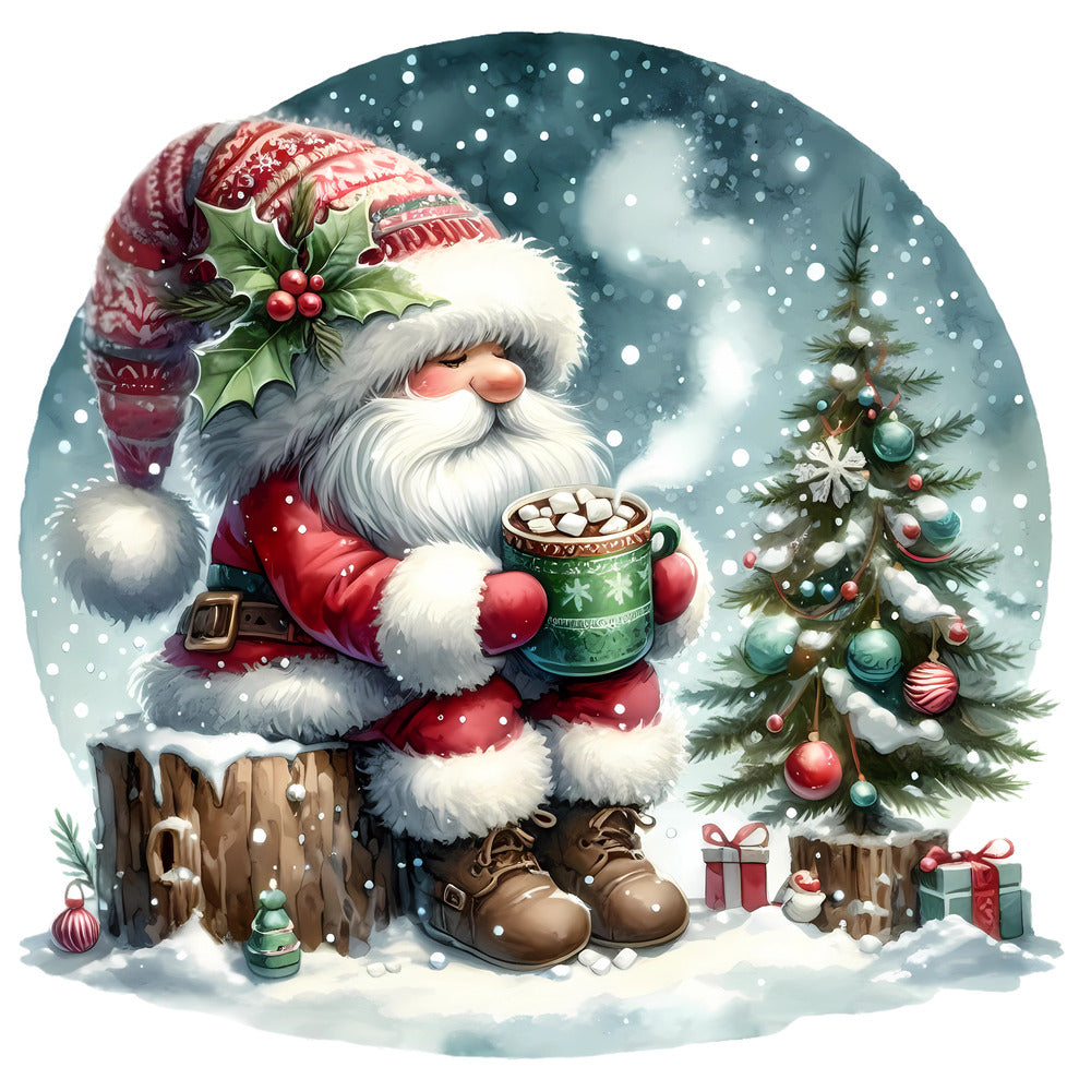 Christmas Winter Scene 22 Fabric Panel showing Santa with hot cocoa by decorated tree in snowy winter landscape, printed on premium cotton