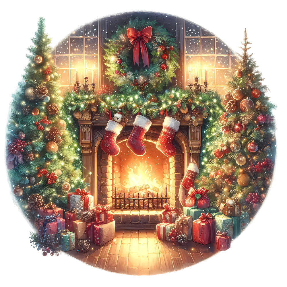 Christmas Winter Scene 26 Fabric Panel featuring a cozy holiday fireplace with stockings, decorated Christmas trees, wreath, and wrapped gifts.