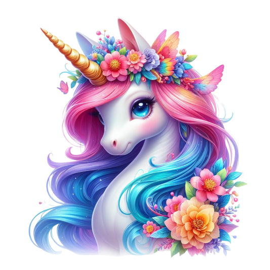 Colorful Magical Unicorn Fabric Panel 3 featuring a vibrant unicorn with rainbow mane and floral crown in premium quilting cotton fabric.