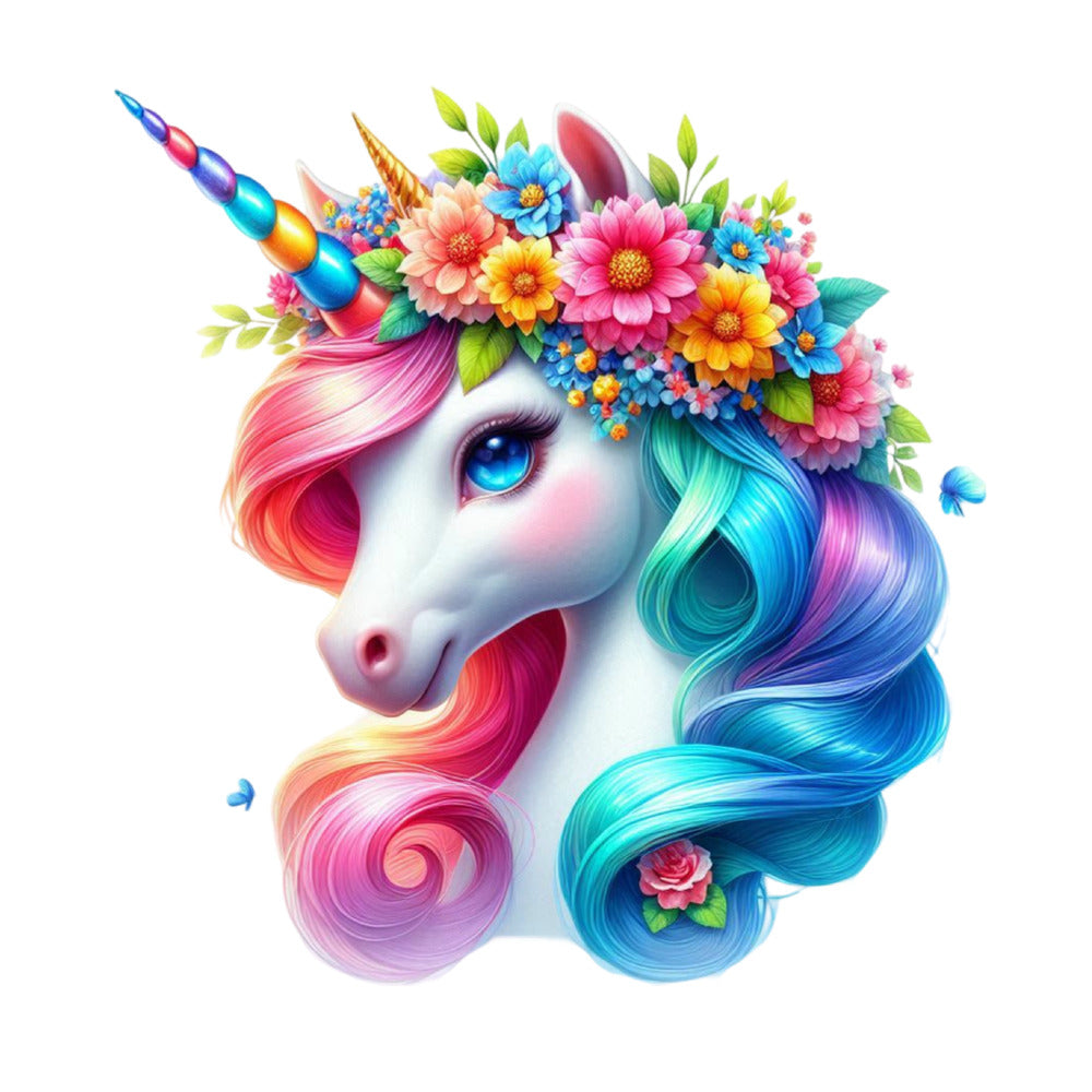 Colorful Magical Unicorn Fabric Panel 6 featuring a vibrant unicorn head with rainbow mane and floral crown on premium quilting cotton.