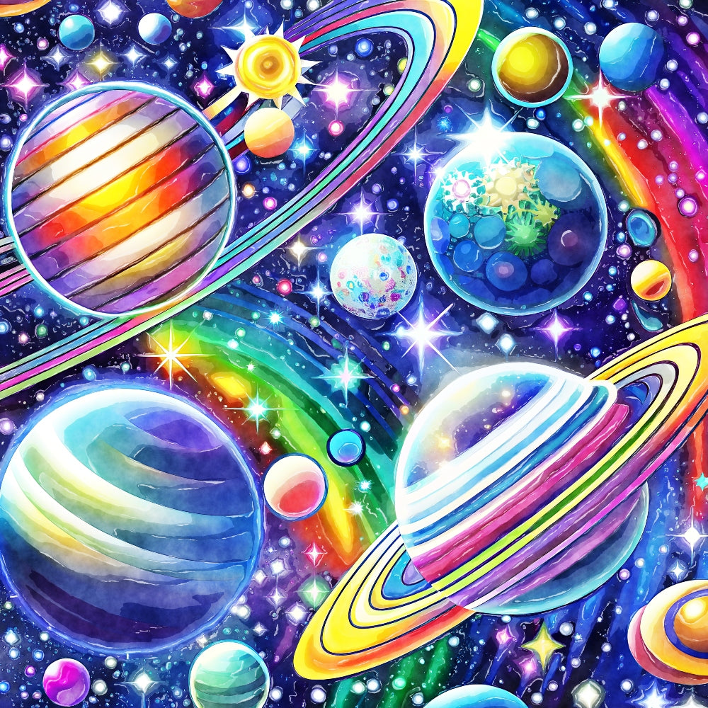 Cosmic Space Fabric Panel 12 featuring vibrant, colorful planets and stars printed on premium quilting cotton in the USA.