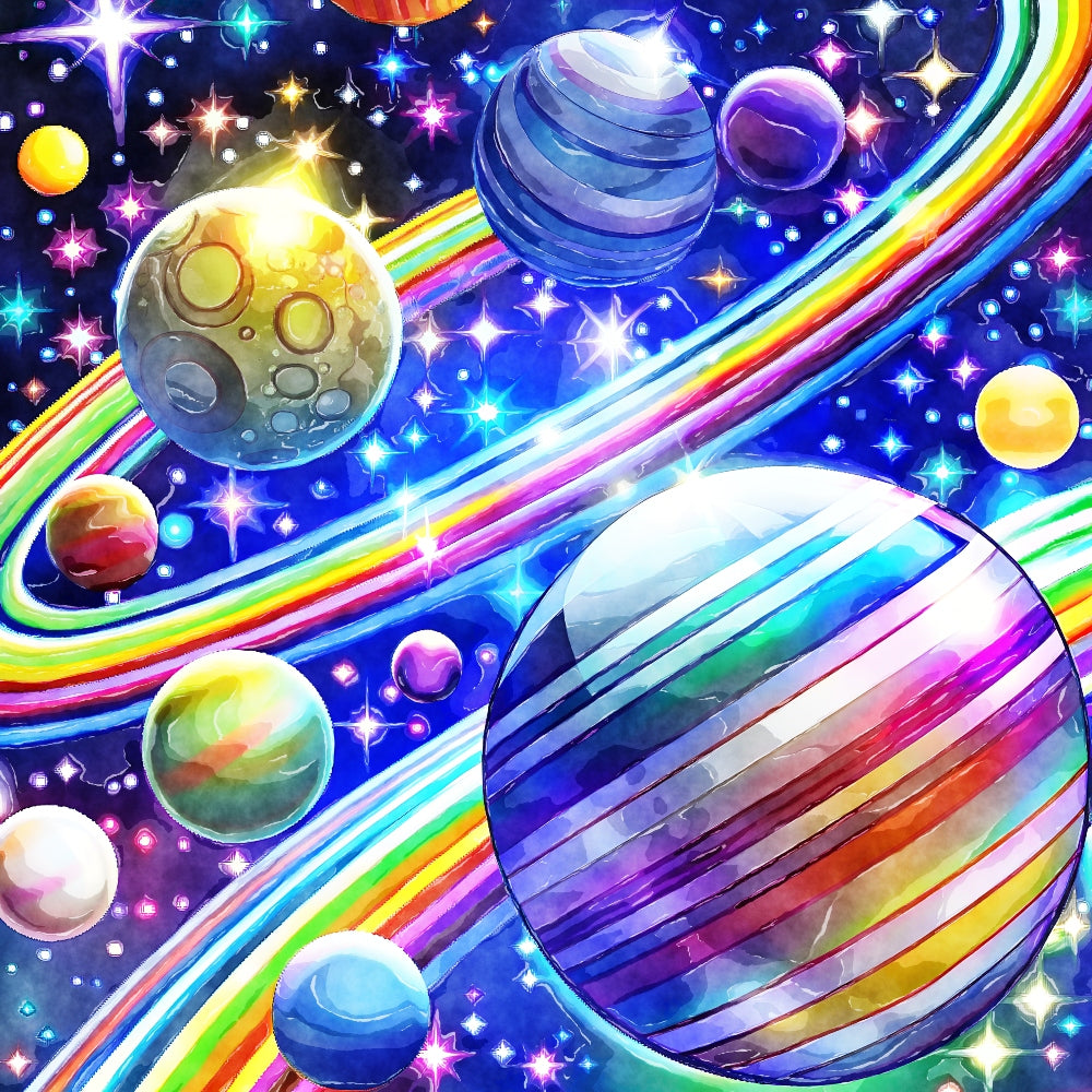 Cosmic Space Fabric Panel 3 with vibrant planets and rainbow rings printed on premium quilting cotton in the USA.